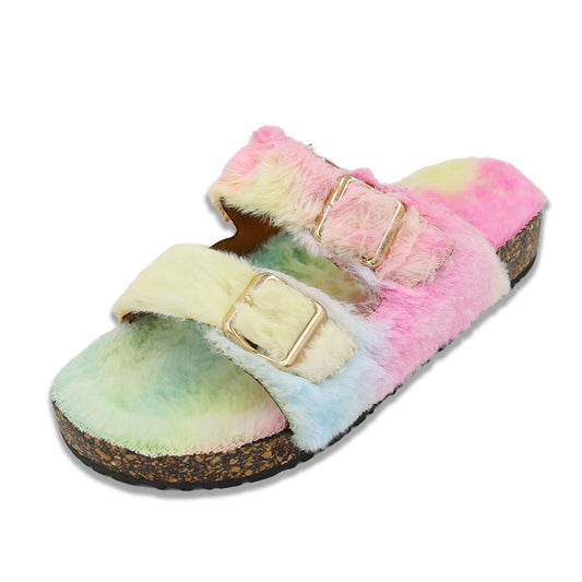 Glam Fuzzy Double Buckle Slides