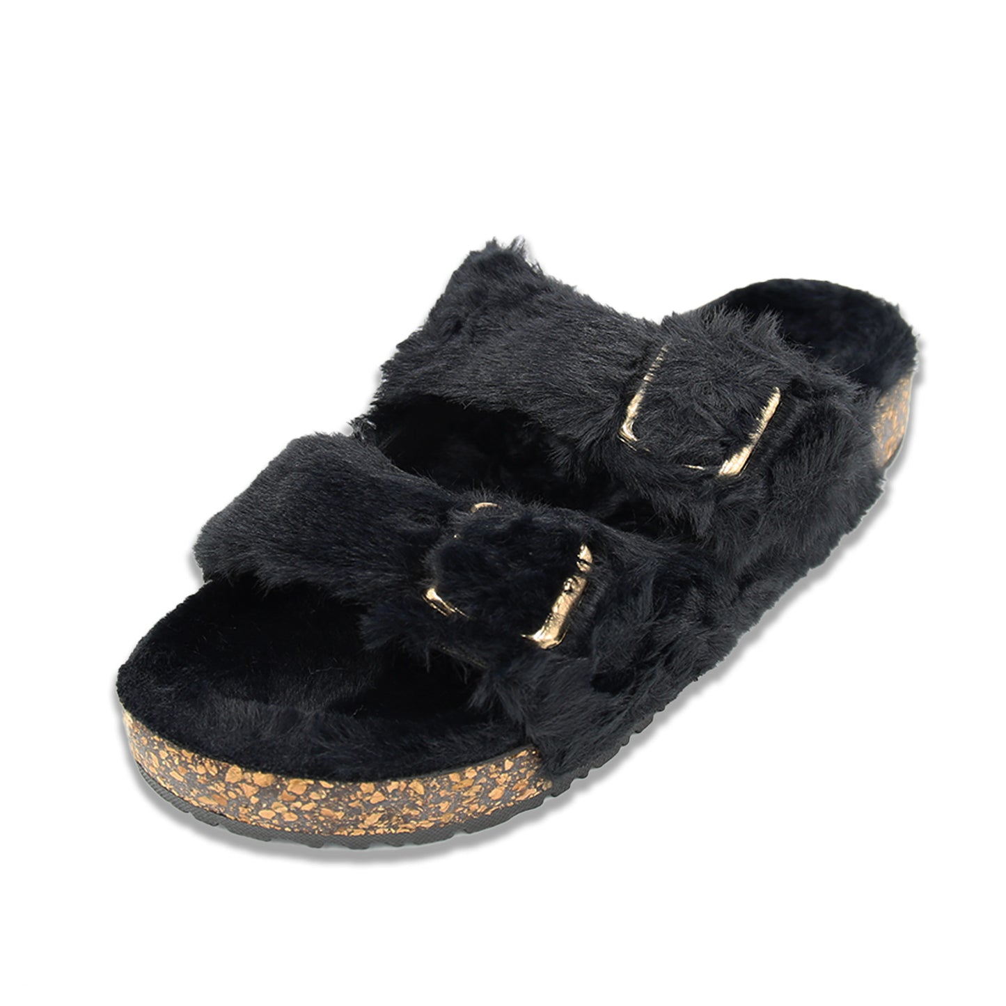 Glam Fuzzy Double Buckle Slides